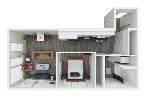 a stylized floor plan with a bedroom and a living room